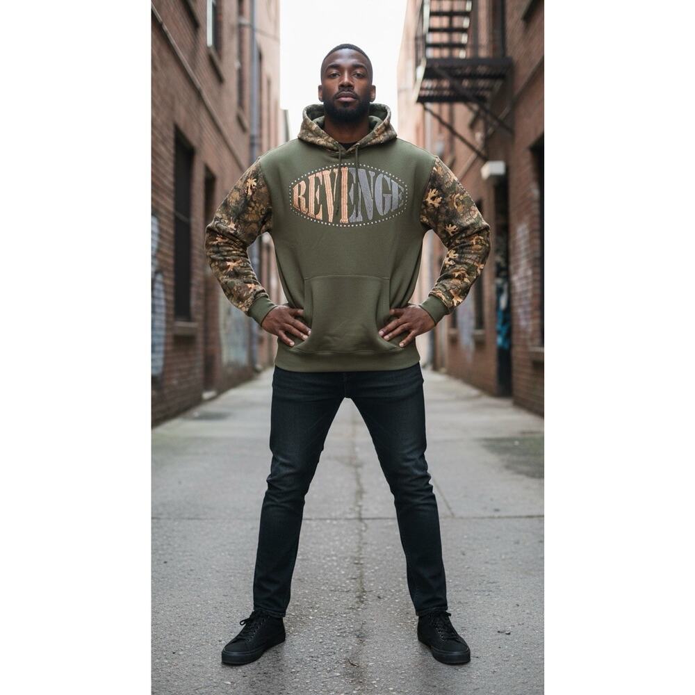 Copper Rivet "Revenge" Active Olive Camo Fleece Hoodie Studded Pockets Men's L